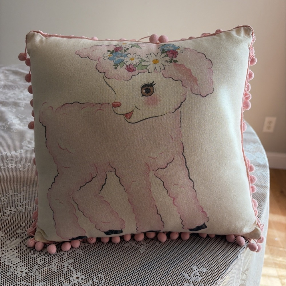 Vintage Inspired Kitschy Lamb Throw Pillow Pink Pom Pom Fringe Square Polka Dots